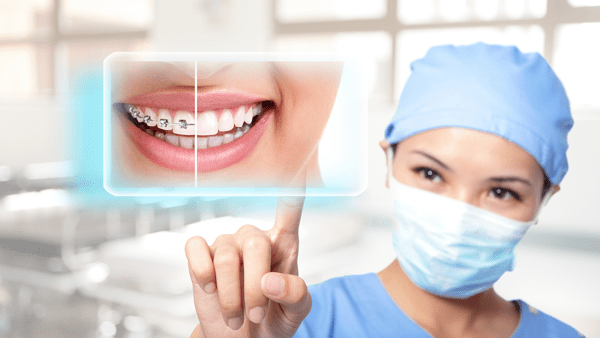 doctor examining before and after braces photos