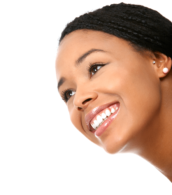 close up of woman's smiling face over white background
