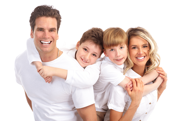 young smiling family wearing all white clothes