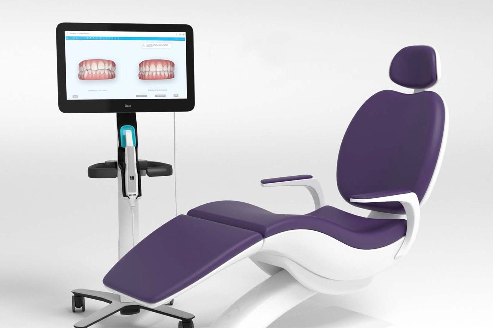 iTero scanner and purple orthodontist chair The iTero 3D scanner scans teeth for Invisalign, 3M Clarity Aligners, & LightForce Braces
